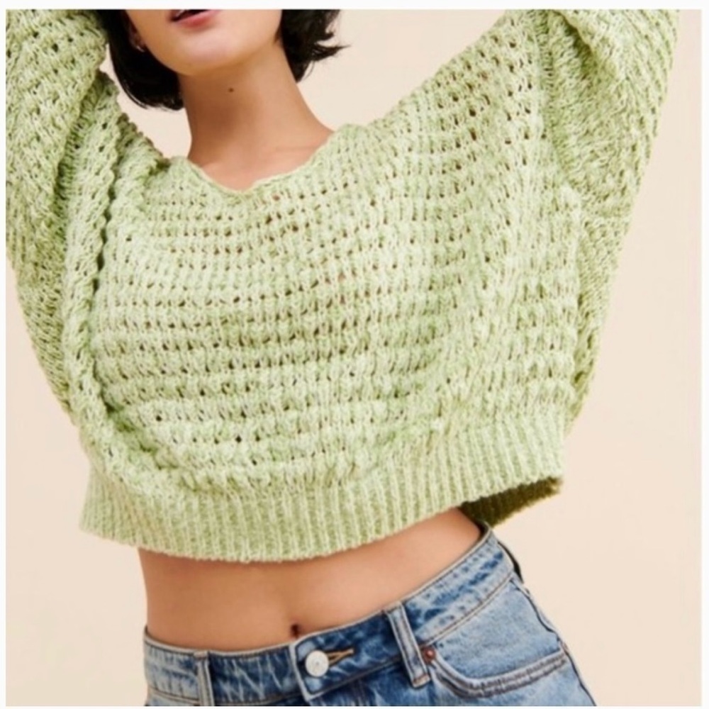 Free People Coconut V Neck Open Knit Sweater in Kiwi Cream Combo Size XS